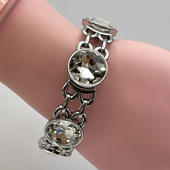 Silver Tone White Round Cut Glass Rhinestone Stretch Bracelet Boho Bold Fashion - Picture 1 of 6